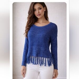 360 Sweater Italian Yarn Blue Fringe Hem Linen Sweater – Size Small